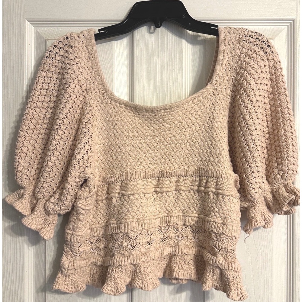 Entro Women Cream Beige Ruffle Tiered Knit Puff Sleeve Square Neck Sweater Top L
